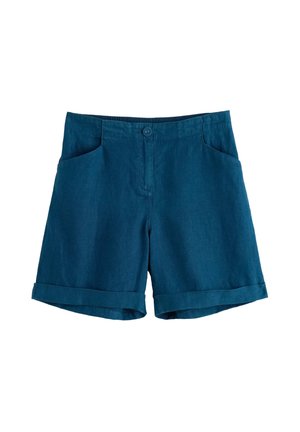 Pantaloncini al ginocchio di colore verde petrolio scuro con orli risvoltati, tasche laterali, chiusura con bottone e cintura elastica sul retro.