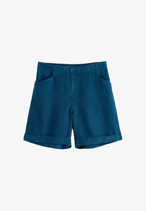 Pantaloncini al ginocchio di colore verde petrolio scuro con orli risvoltati, tasche laterali, chiusura con bottone e cintura elastica sul retro.