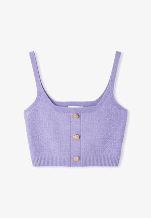 Lila crop top met een textuur gebreide afwerking, vierkante halslijn, dunne banden en drie goudkleurige knopen aan de voorkant.