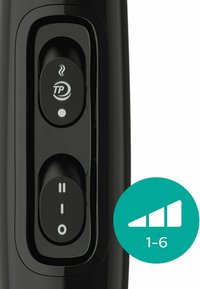 Pannello di controllo di un apparecchio nero con due grandi pulsanti etichettati "TP" e "Power". Include un'icona con i numeri da 1 a 6 che indicano le impostazioni.