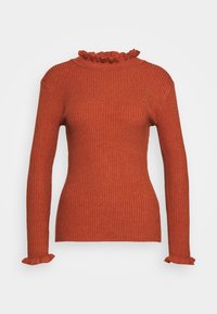 Sweterek o prążkowanej fakturze w kolorze rdzy z wysokim, falbaniastym dekoltem i dopasowanymi długimi rękawami, z rozszerzanymi mankietami przy nadgarstkach.