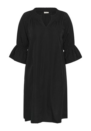 Vestido negro hasta la rodilla con mangas acampanadas hasta el codo, escote fruncido y una pequeña muesca en forma de V en la parte delantera.