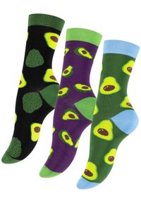 Trois paires de chaussettes colorées : noires avec des graphismes d'avocat, violettes avec des avocats éparpillés et vertes avec une touche de bleu. Matériau doux.