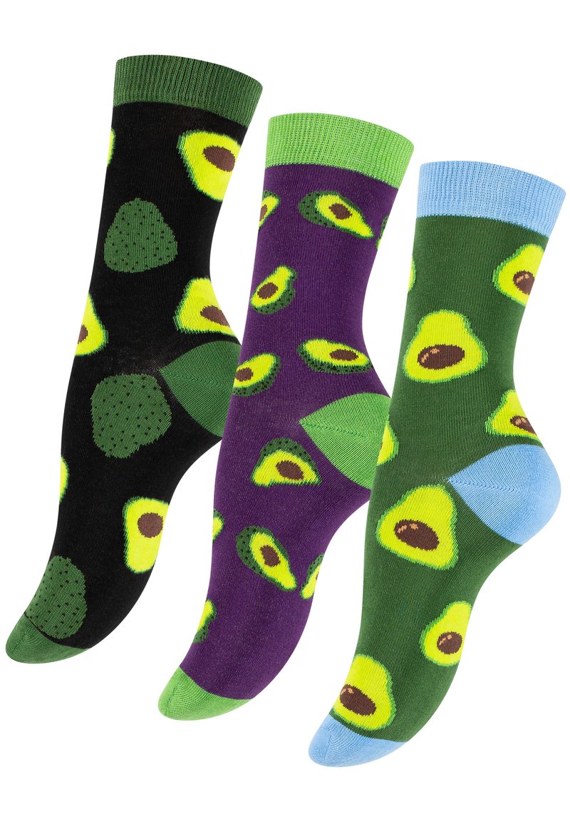 Trois paires de chaussettes colorées : noires avec des graphismes d'avocat, violettes avec des avocats éparpillés et vertes avec une touche de bleu. Matériau doux.