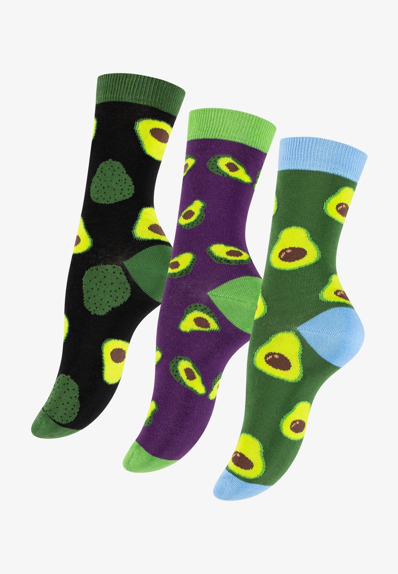 Three pairs of colorful socks: black with avocado graphics, purple with scattered avocados, and green with a blue accent. Soft material.