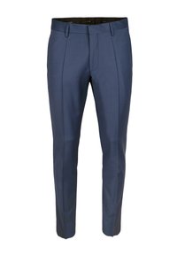 Blaue maßgeschneiderte Hose aus glattem Stoff. Verfügt über eine flache Vorderseite, schmal zulaufende Beine und Gürtelschlaufen. Keine sichtbaren Muster oder Verzierungen.