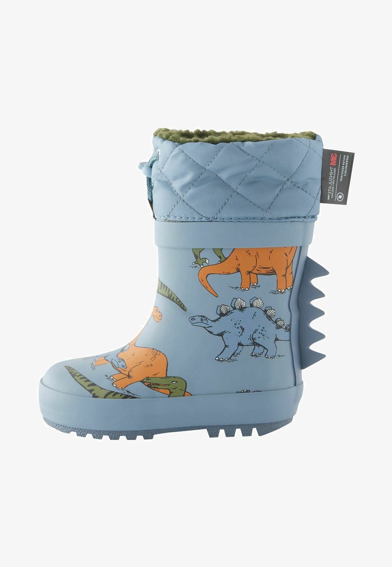 Blauwe rubberen regenlaars met groene fleece voering, voorzien van dinosaurustempo's. Stekelige ontwerp aan de achterkant, textuurzool voor extra grip.