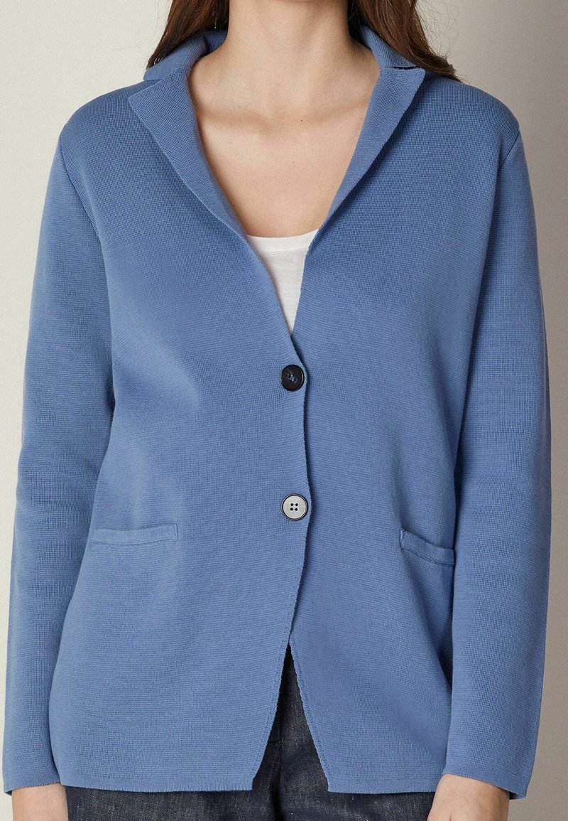 Ljusblå stickad cardigan med amerikansk krage, enkel knappstängning, två fickor och ett strukturerat tyg.