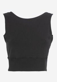 Zwarte cropped tanktop met een gladde textuur, brede halslijn en versterkte zoom. Ontworpen zonder zichtbare sluitingen of versieringen.