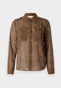 Prune läbipaistev nupp-särk mustade leopardilaikudega, millel on kaks rinna taskut ja kraega kaelus. Pikkade varrukatega, millel on nupud mansettides.