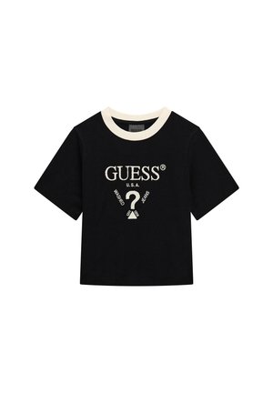 T-shirt noir à manches courtes avec un col côtelé crème. Présente un logo brodé "GUESS U.S.A." et un graphique au centre. Matière en coton doux.