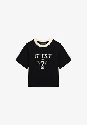 Černé krátké tričko s krémovým žebrovaným výstřihom. Uprostřed se nachází vyšívané logo a grafika "GUESS U.S.A.". Měkký bavlněný materiál.