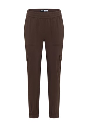 Brune cargobukser med elastisk linning, sidelommer med klapper og manchetter ved anklerne, designet til afslappet brug.