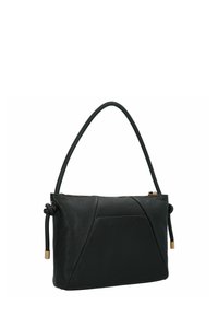 Borsa a mano in pelle nera testurizzata con una tracolla singola, cerniera dorata e dettagli a nodo sui lati.