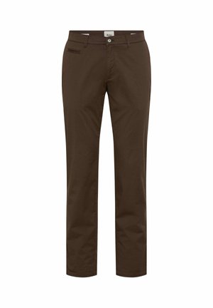 Pantaloni casual marroni slim fit con chiusura a bottone e cerniera, passanti per cintura e tasche anteriori e posteriori.