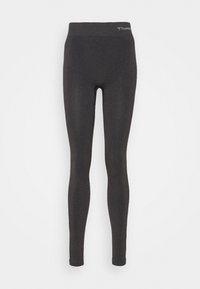Leggings noirs avec une taille haute, en matériau extensible. Présente une texture lisse et un minimum de logos sur la taille.