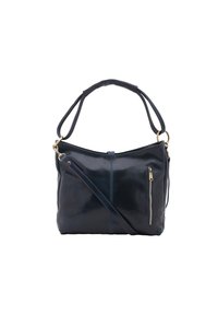 Borsa in pelle blu scuro con manici corti e lunghi, tasca verticale con zip sul davanti e dettagli in tonalità oro su sfondo bianco.
