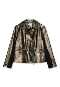 Giacca in pelle nera e oro metallico con colletto a revore, chiusura con zip, due tasche laterali e tessuto a contrasto sulle maniche.