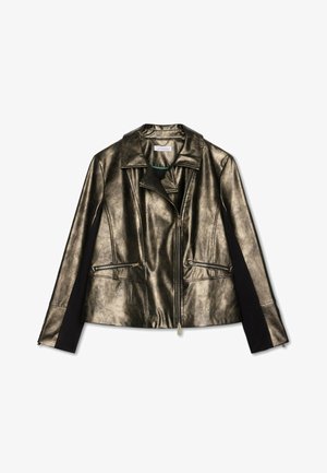 Metallinen kultainen ja musta nahkatakki, jossa on lovetut kaulus, vetoketjussa etuosa, kaksi sivutaskua ja kontrastikankaat hihoissa.