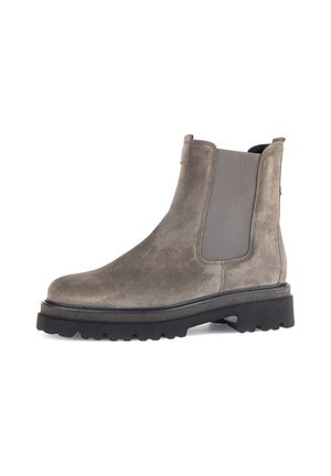 Botte en daim grise à la cheville avec des panneaux latéraux élastiques et une semelle en caoutchouc noir épaisse. Caractéristiques d'un bout rond et de détails de couture minimalistes.