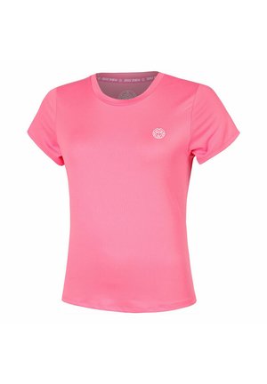 T-shirt de sport rose vif à manches courtes avec un col rond et un petit logo blanc sur la poitrine gauche.