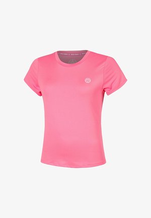 Helles pinkes, kurzärmeliges Sport-T-Shirt mit rundem Ausschnitt und kleinem weißen Logo auf der linken Brust.