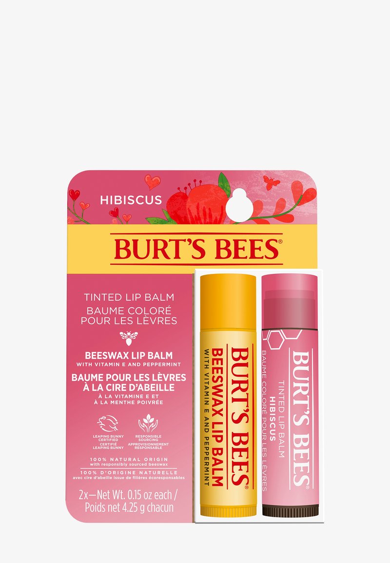 Burt's Bees hibiskusfarget leppebalsamduo med bivoks, vitamin E, peppermynte, dyrevennlig, 100 % naturlig opprinnelse, 0,15 oz hver.