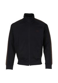 Giacca nera con zip, colletto alto, polsini e orlo a costine, e righe marroni con motivo lungo le maniche.