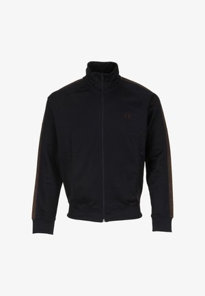 Giacca nera con zip, colletto alto, polsini e orlo a costine, e righe marroni con motivo lungo le maniche.