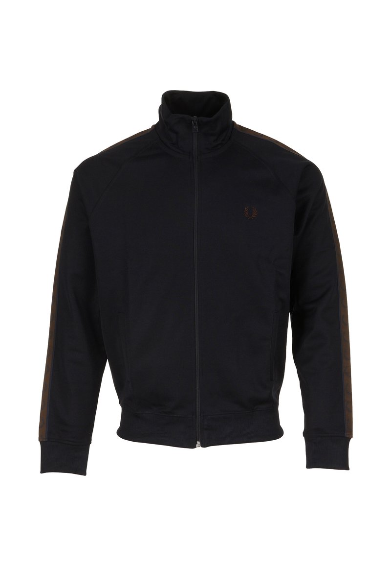 Giacca nera con zip, colletto alto, polsini e orlo a costine, e righe marroni con motivo lungo le maniche.