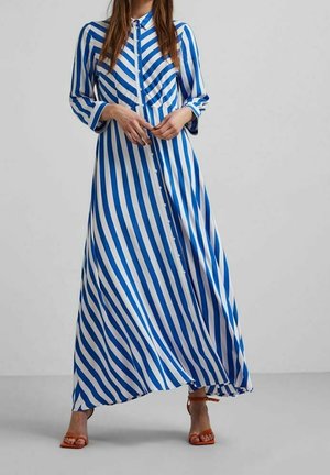 Maxi-jurk met blauwe en witte strepen, lange mouwen, knoopsluiting aan de voorkant en een vloeiende silhouet, gemaakt van lichte stof.