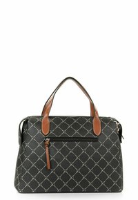 Black synthetic handbag with diamond pattern and white accents. Brown faux leather handles and side zipper pocket. Textured finish.