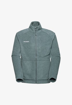 Fleecejacke in gedecktem Blaugrün mit hohem Kragen, durchgehendem Reißverschluss und einer Brusttasche. Merkmale sind kontrastierende Nahtdetails und Logo.