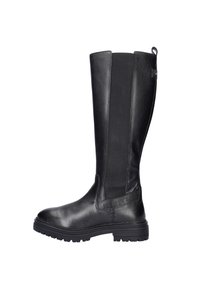 Hoge zwarte leren laarzen met elastische zijpanelen en een gestructureerde afwerking. Beschikt over een stevige rubberen zool en een trekband aan de achterkant voor eenvoudig aantrekken.