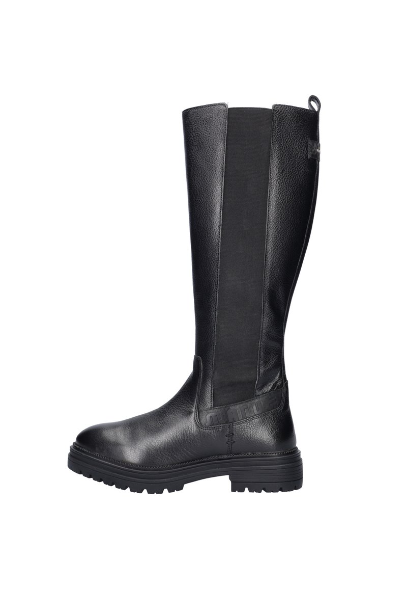 Hoge zwarte leren laarzen met elastische zijpanelen en een gestructureerde afwerking. Beschikt over een stevige rubberen zool en een trekband aan de achterkant voor eenvoudig aantrekken.