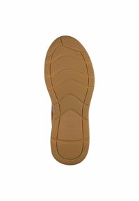 Talpă de pantof din cauciuc cu caneluri texturate, modele circulare și o culoare bej deschis. Include brandul și informațiile despre mărime embossate.