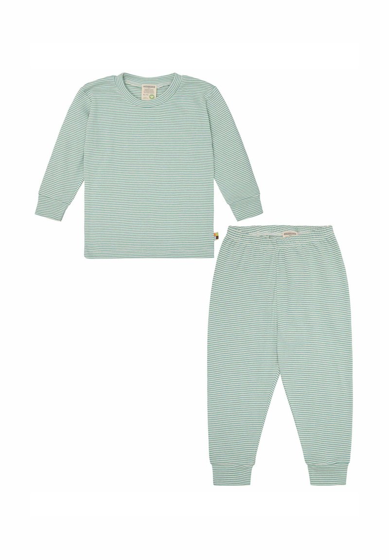 Lichtgroene gestreepte pyjama-set bestaande uit een langemouwen top met een ronde hals en bijpassende broek, gemaakt van zachte stof met een elastische tailleband.