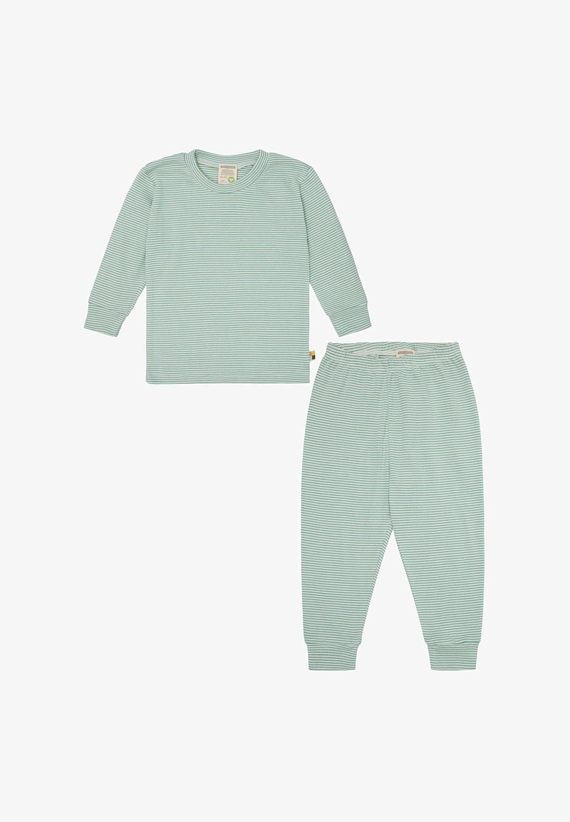 Lichtgroene gestreepte pyjama-set bestaande uit een langemouwen top met een ronde hals en bijpassende broek, gemaakt van zachte stof met een elastische tailleband.