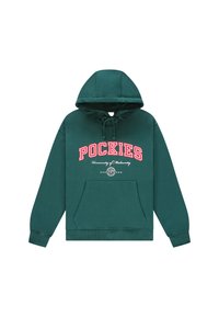 Sudadera verde con bolsillo frontal, capucha con cordones y texto rojo en negrita que dice "POCKIES" junto con "Universidad de Audacia."