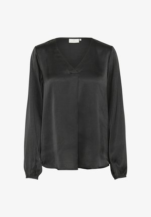 Svart satinblus med V-ringning, långa ärmar och elastiska manschetter. Tyget har en slät, glansig textur och en avslappnad passform.
