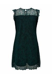 Spetsklänning i mörkgrön färg med blommönster, korta ärmar och nyckelhålsrygg. Mjuk textur med spetsdetalj i nederkant.