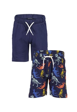 Shorts navy con cintura elastica e cordino bianco; un paio presenta stampe colorate di scheletri di dinosauri, l'altro è completamente blu navy.