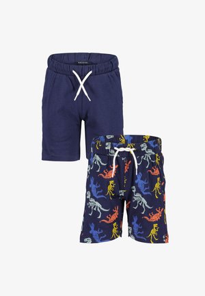 Marineblå shorts med elastisk talje og hvid snor; et par har farverige dinosaur skelettryk, mens det andet er ensfarvet marineblå.