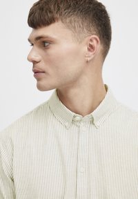 Lysegrøn og creme-stribet skjorte med knaplukning og krave, fremstillet i et tekstureret stof med en subtil glans. Modellens sideprofil vises.