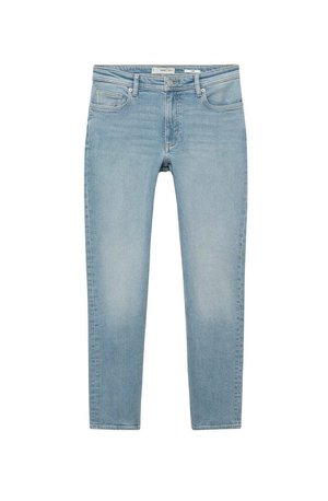 Ljust blå denimjeans med slim fit, femfickorsdesign, slät yta, subtila blekningar och stängning med knapp och dragkedja.