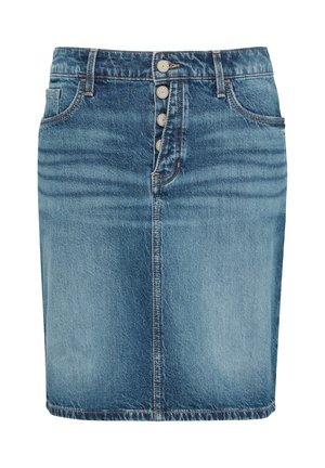 Denim rok in lichtblauw met een recht model, vijf knopen aan de voorkant, twee zijzakken en subtiele vervaging.