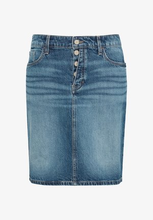 Denim rok in lichtblauw met een recht model, vijf knopen aan de voorkant, twee zijzakken en subtiele vervaging.