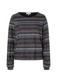 Langarmpullover mit schwarzem, grauem und braunem Zickzackmuster und rundem Halsausschnitt, Größe 36 Etikett am Kragen sichtbar.