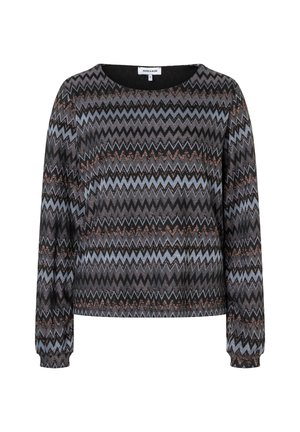 Langarmpullover mit schwarzem, grauem und braunem Zickzackmuster und rundem Halsausschnitt, Größe 36 Etikett am Kragen sichtbar.