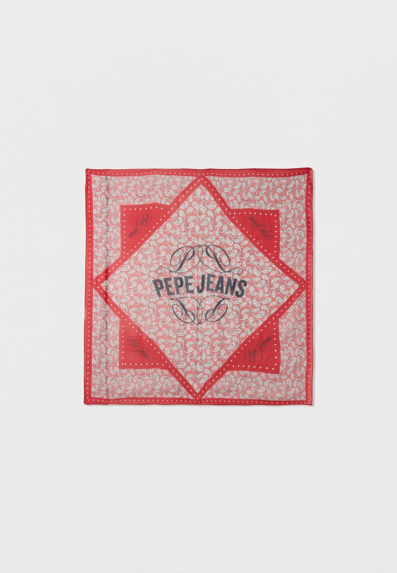 Κόκκινο και λευκό μαντήλι με σχέδιο παϊέτας σε τετράγωνο σχήμα, με το λογότυπο "PEPE JEANS" στο κέντρο και διακοσμητικά περιθώρια.